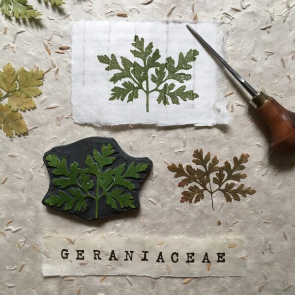 Tampon végétal feuille de pelargonium gravé main Le Héron Graveur