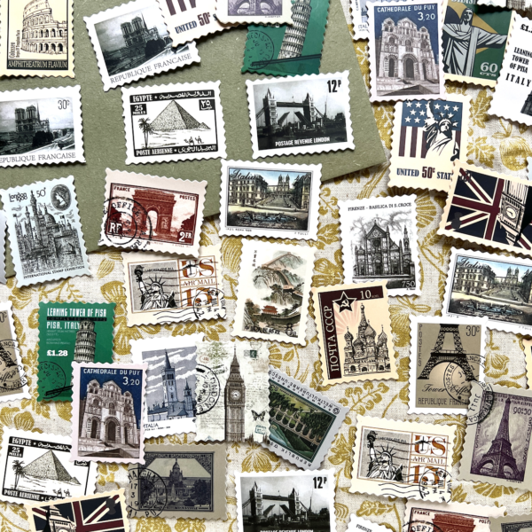 Stickers faux timbres monuments du monde tour eiffel tour de pise