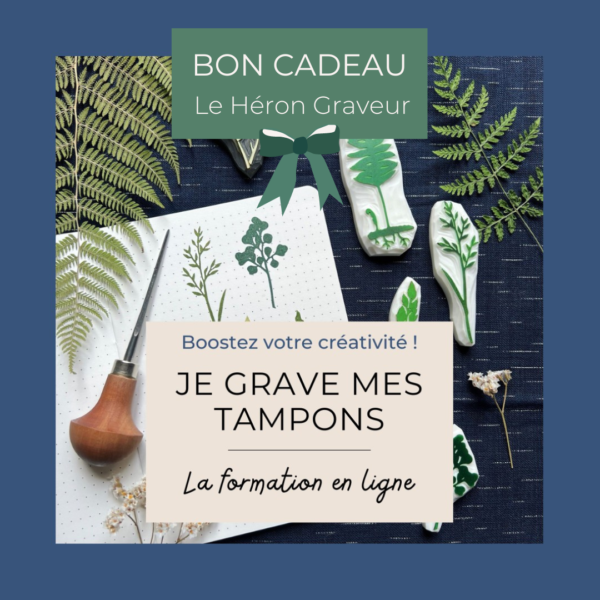 Apprendre à graver ses tampons avec la formation en ligne du Héron Graveur. Bon cadeau.